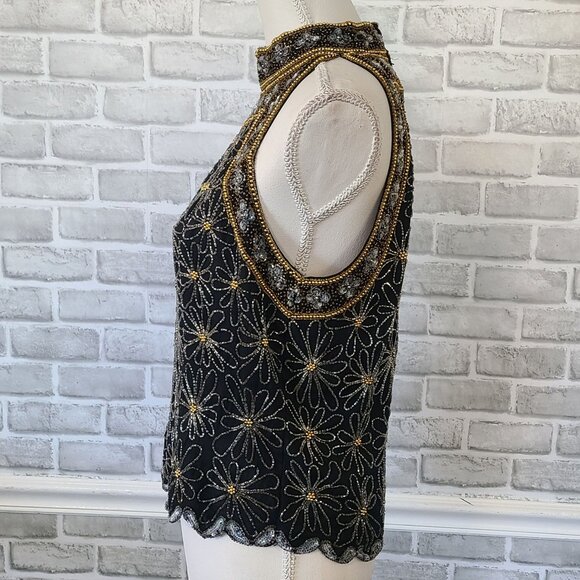 Vintage Mark & John By Gopal Silk Black Beaded Halter Top Blouse Elegant Party L - Picture 3 of 13